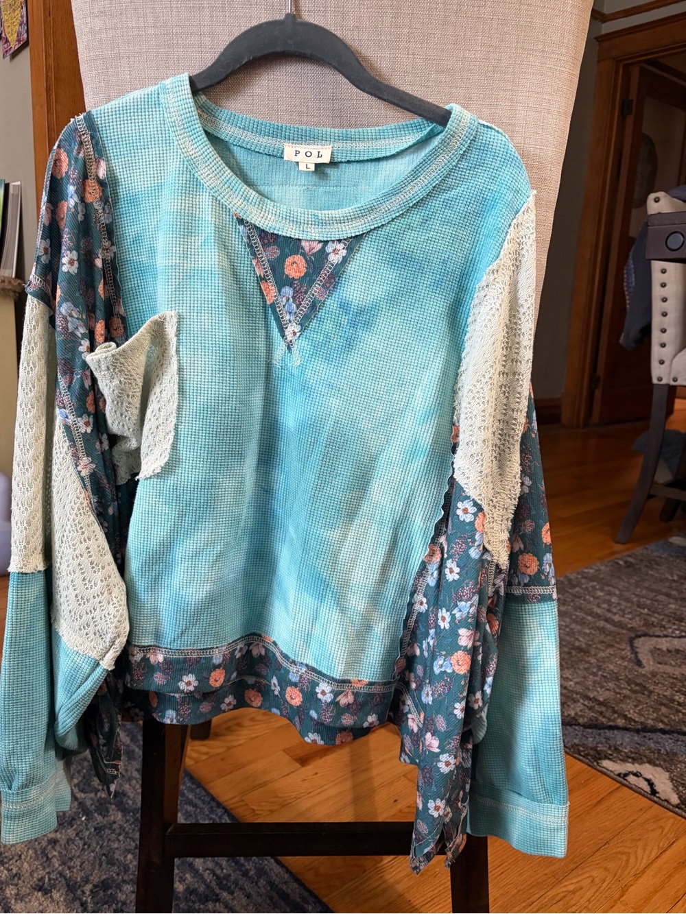 POL Floral-Accent Aqua Waffle Knit Long-Sleeve Top -Large